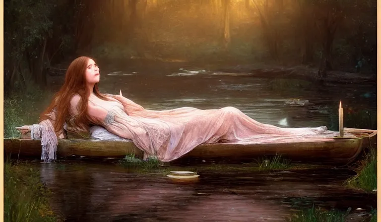 Prompt: full body pose of lady of shalott laying in a river, sadness, longing, sharp focus, intricate, elegant, digital painting, artstation, matte, highly detailed, concept art, illustration, volumetric lighting, bokeh light, art by greg olsen and liz lemon and john william waterhouse