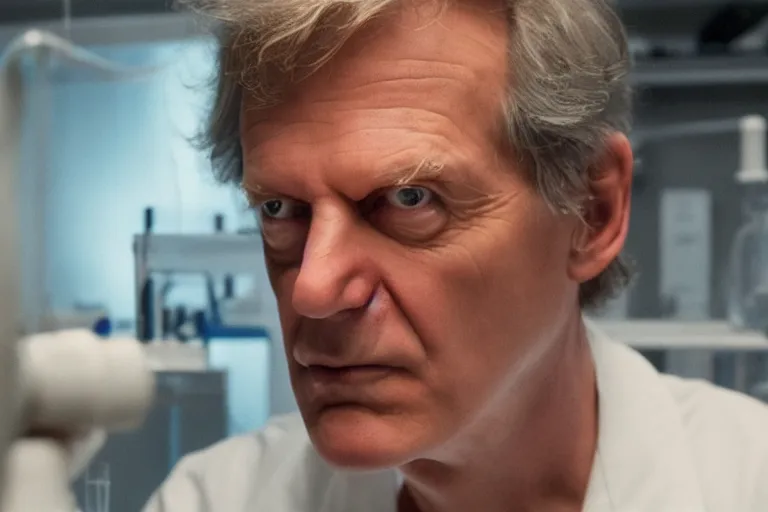 Prompt: an ultra realistic cinematic portrait of an evil male scientist smirking, foggy, stood in a lab, detailed, deep focus, movie still, dramatic lighting, by werner herzog