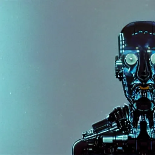 Prompt: movie still of a villain cyborg, facial expression, cinematic composition, cinematic light, surreal cinema, pastel color scheme, by david lynch,