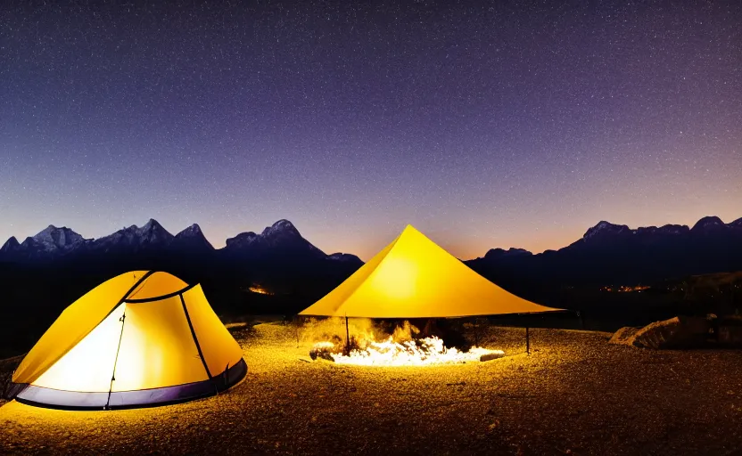 Image similar to night photography of a tent and fireplace with mountains in the background