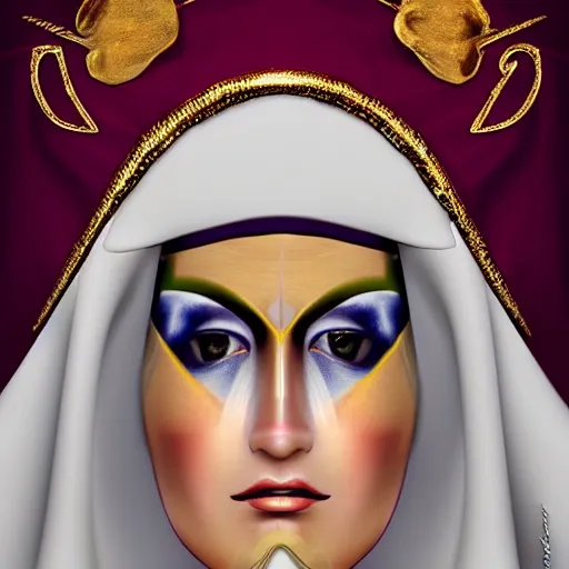 Image similar to beautiful female character inspired by venice carnival and nun | | digital artwork made by greg rutswork and lois van barlee, symmetrical, anatomically correct