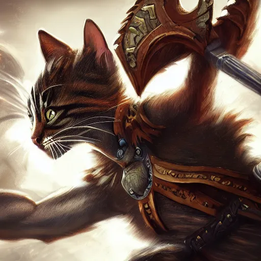 Image similar to a hyper realistic cat warrior, ultra detailed, magic the gathering art, digital art, cinematic, studio lighting, background battlefield, fantasy,