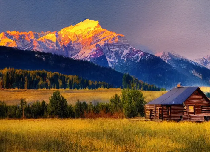 Image similar to watercolor cabin in a field with rocky mountains as a backdrop, sun setting