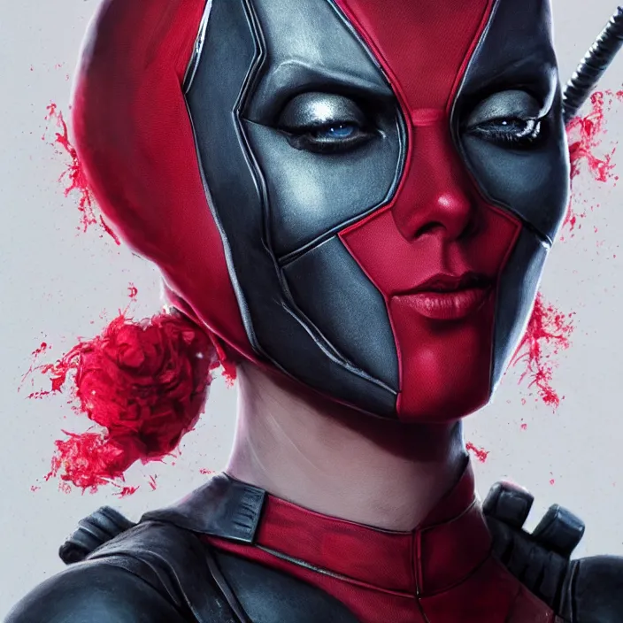 Image similar to charlize theron as lady deadpool. intricate abstract. intricate artwork. by tooth wu, wlop, beeple, dan mumford. octane render, trending on artstation, greg rutkowski very coherent symmetrical artwork. cinematic, hyper realism, high detail, octane render, 8 k, iridescent accents