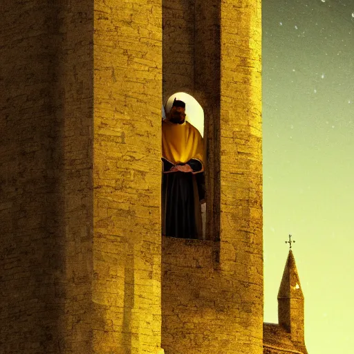 Prompt: Digital portrait of a terrified catholic priest in his thirties kneeled in fervent prayer at the top of a medieval tower. Looking up with eyes wide open with fear looking straight at the viewer. Dressed in white. An ominous yellow shadow is descending upon him from the night sky. Award-winning digital art, trending on ArtStation