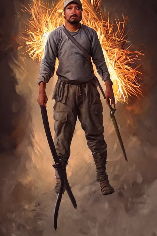 Image similar to full character concept art of doug marcaida from history channel's forged in fire, holding a kampilan, dense jungle, forge, fire and sparks, it will keall!!, detailed, high quality, dynamic lighting, dark fantasy. artwork by artgerm, wlop, alex ross, greg rutknowski, alphonse mucha