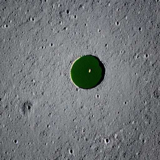 Prompt: a photography of a green soccer pitch on the moon, extreme long shot