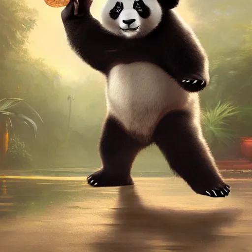 Prompt: panda is dancing samba by greg rutkowski and thomas kinkade, trending on artstation, 3 d render octane