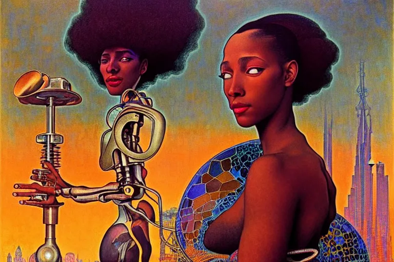 Image similar to realistic extremely detailed portrait painting of a beautiful black woman with a robot, city street on background by Jean Delville, Amano, Yves Tanguy, Ilya Repin, Alphonse Mucha, Ernst Haeckel, James C. Christensen, Edward Robert Hughes, Roger Dean, rich moody colours