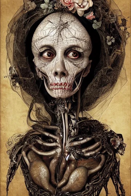 Image similar to Detailed maximalist portrait of a beautiful old woman with large lips and eyes, scared expression, botanical skeletal with extra flesh, HD mixed media, 3D collage, highly detailed and intricate, surreal illustration in the style of Caravaggio, dark art, baroque, centred in image