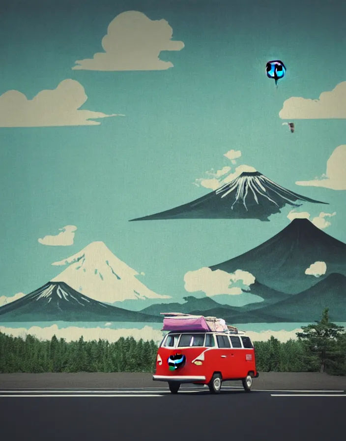 Image similar to vw camper touring rural japan, a collage painting, in the style of wes anderson, lola dupre, david hockney, isolated on negative white space background dark monochrome fluorescent spraypaint accents volumetric octane render, no double figure