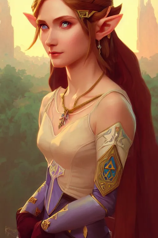 Prompt: a portrait of princess zelda, fantasy, sharp focus, intricate, elegant, digital painting, artstation, matte, highly detailed, concept art, illustration, ambient lighting, art by ilya kuvshinov, artgerm, alphonse mucha, and greg rutkowski