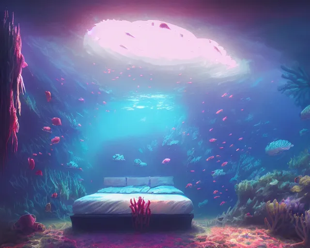 Image similar to underwater coral reef bedroom, bubbles, radiant light, fantasy art by alena aenami and greg rutkowski, artstation, pixiv, deviantart