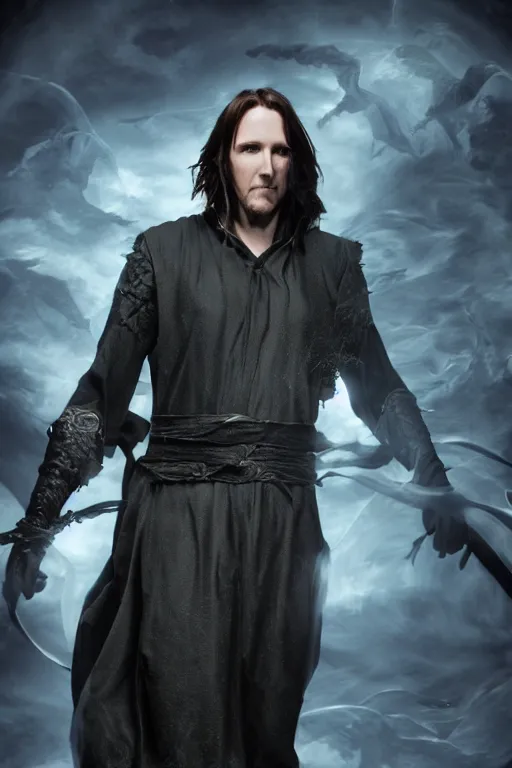 Prompt: Matthew Mercer is an all powerful sorcerer, realistic cinematic shot, swirling magic, subtle fog and mood lighting