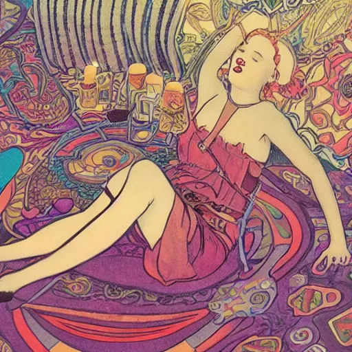 Image similar to rocker goth teen girl laying on the floor, writing on journal. 1970s colorful psychedelic bedroom. Trippy. Mucha.