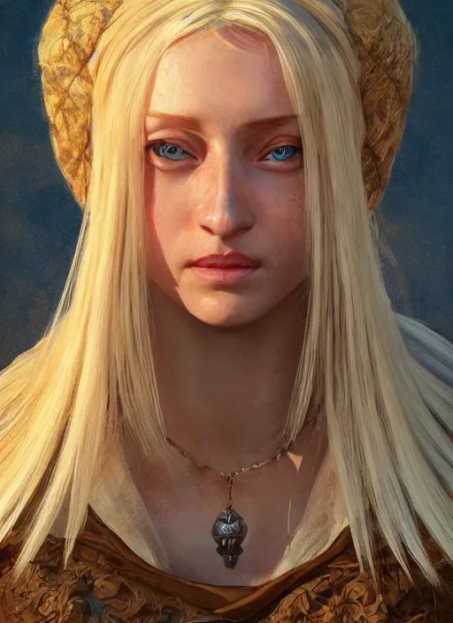 Image similar to blonde peasant woman, fantasy, medieval, vivid colors, fantasy, elegant, concept art, sharp focus, beautiful face!!, digital art, hyper - realistic, 4 k, unreal engine, highly detailed, hd, dramatic lighting by brom, trending on artstation