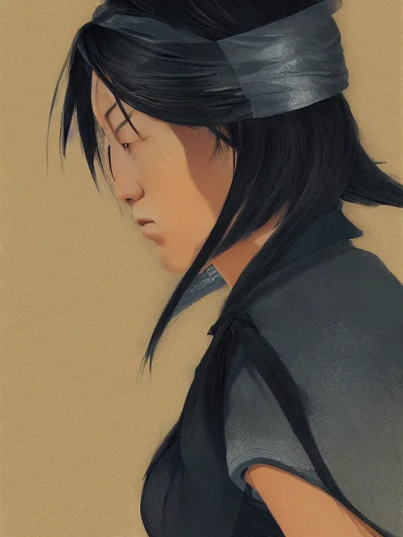 Image similar to an ultradetailed beautiful portrait painting of a female ninja at night in a japanese village, side view, oil painting, high resolution, by ilya kuvshinov, greg rutkowski and makoto shinkai