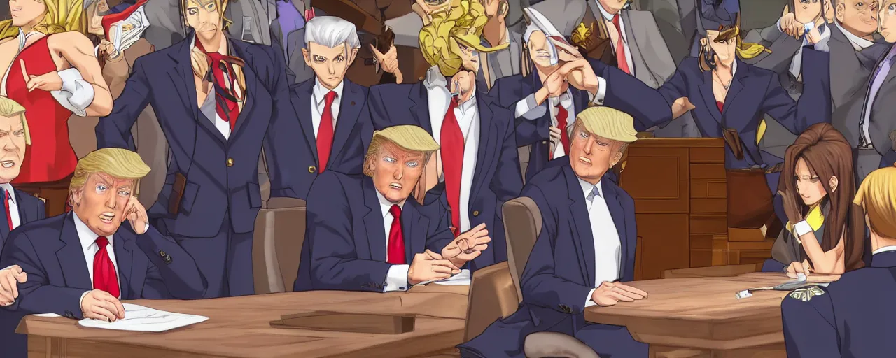 Image similar to donald trump being judged in phoenix wright, ace attorney, 4 k, high quality