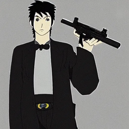 Image similar to a man in black posing while holding a pistol, by Studio Ghibli