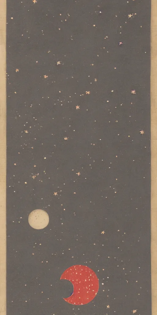 Image similar to oriental painting of the nebula, moon is far above, detailed, refined, high quality, parchment, blackened space, lots of stars, towards the bottom it fades into the parchment