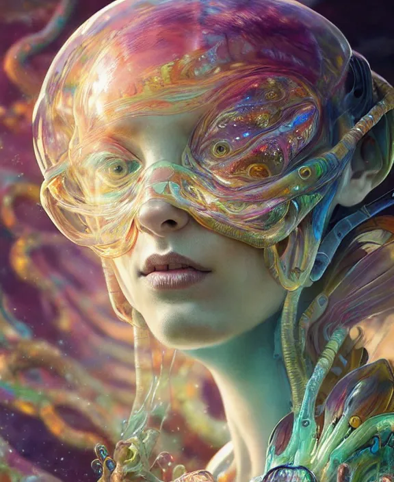 Image similar to intricate colorful transparent portrait of a terrifying beautiful alien sea creature, mottled coloring, adorable, childlike, biopunk environment, ultra realistic, concept art, art nouveau, photorealistic, octane render, 8 k, unreal engine. art by christopher marley and artgerm and greg rutkowski and alphonse mucha