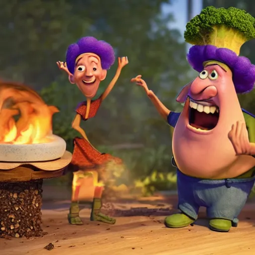 Prompt: cabbages character and king cooking pizza in a wood fired oven, highly detailed 3 d render, funny, pixar