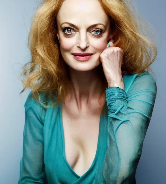 Image similar to beautiful portrait photo of Heather Graham, slight smile, photo by Annie Leibovitz, 85mm, teal studio backdrop, Getty images