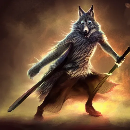 Prompt: wizard is holding a staff as a wolf, dynamic pose, chromatic aberration, medium level shot, fantasy, illustration, concept art,