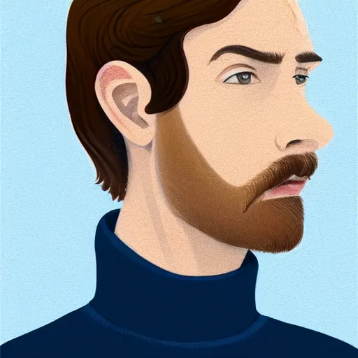 Prompt: gangly man with shortlight brown wavy hair, light brown short beard, no mustache, English heritage, blue eyes, middle aged, wearing a turtleneck and jacket, pale skin, narrow face, digital art, painterly, cartoon, cute, 8k, illustration, art by loish, painterly, trending on artstation, medium shot, uncropped