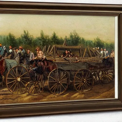 Prompt: a wagon train with 8 wagons in it, western art