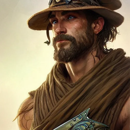 Image similar to Portrait of rugged male ranger, D&D, muscular, fantasy, intricate, elegant, highly detailed, digital painting, artstation, concept art, smooth, sharp focus, illustration, art by artgerm and greg rutkowski and alphonse mucha