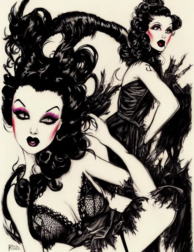 Image similar to of a goth girl burlesque psychobilly, rockabilly, punk, black hair, detailed face, white background, drawing, illustration by frank frazetta