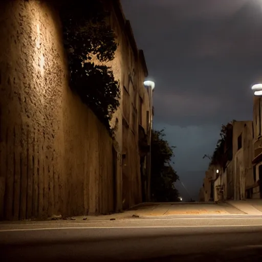 Prompt: empty street, mayan warrior, portrait, at night, by addy campbell, cinematography by quetzalcoatl