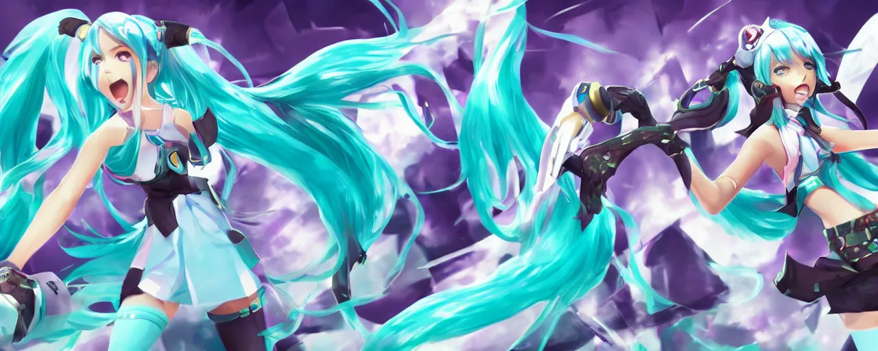 Prompt: Hatsune Miku splash art as a League of Legends character, Riot Games, digital art