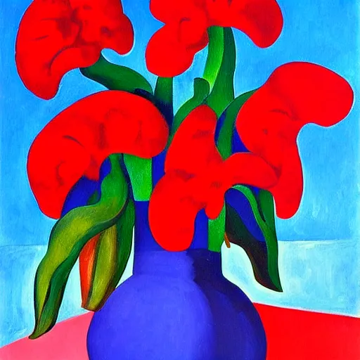 Prompt: a painting of red flowers in a blue vase, a gouache by tarsila do amaral, pinterest contest winner, fauvism, fauvism, oil on canvas, acrylic art