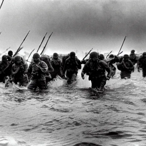 Image similar to the running soldiers in the sea in the d - day, by robert capa,