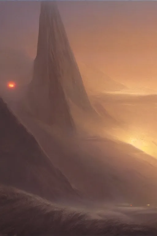 Image similar to ralph mcquarrie, terrence namey, concept art, matte painting, dark epic sci fi landscape dawn mist halo, cgsociety
