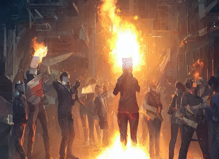 Image similar to protesters holding placards, detailed digital illustration by greg rutkowski, fire, android netrunner