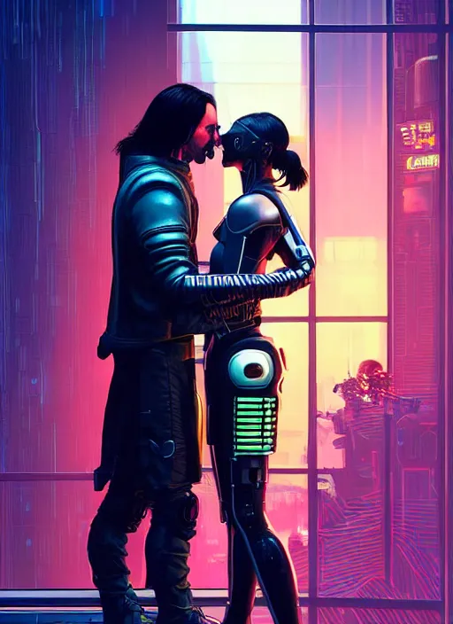 Image similar to a cyberpunk 2077 couple portrait of Keanu Reeves & female android in final kiss,love,film lighting,by Laurie Greasley,Lawrence Alma-Tadema,Dan Mumford,artstation,deviantart,FAN ART,full of color,Digital painting,face enhance,highly detailed,8K,octane,golden ratio,cinematic lighting