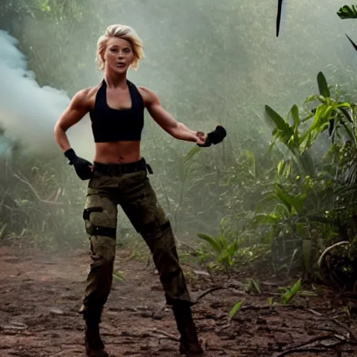 Image similar to cinematic action scene with julianne hough as a commando in the jungle, crop top, boy shorts, boots, dramatic smoke, still frame