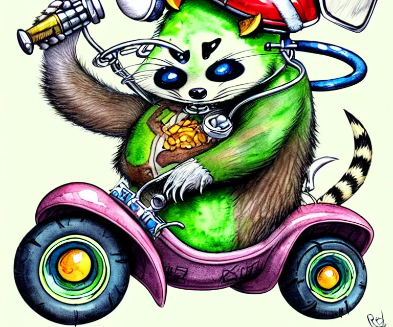 Image similar to cute and funny, racoon wearing a helmet riding in a tiny rob zombie dragula with oversized engine, ratfink style by ed roth, centered award winning watercolor pen illustration, isometric illustration by chihiro iwasaki, edited by range murata