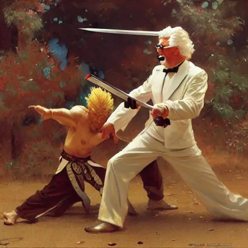 Image similar to colonel sanders with katana fighting donald mcdonald, highly detailed painting by gaston bussiere, craig mullins, j. c. leyendecker, 8 k