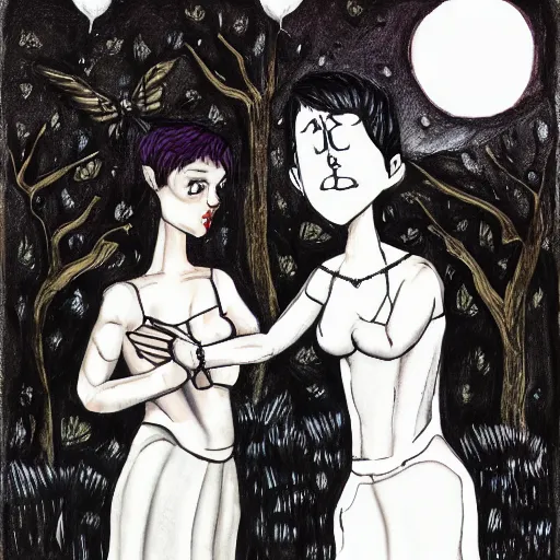 Image similar to stoic heroic emotionless blond butch tomboy woman holding hands with taller goth black - haired dark fae jennifer connelly, in love, romantic in romantic garden, mike mignogna, illustration, pen and ink, oil painting