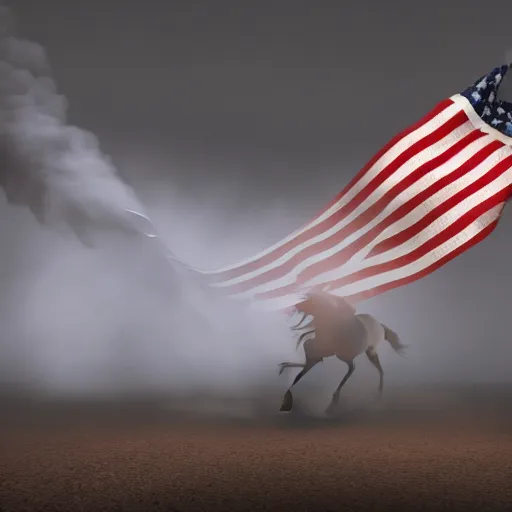 Prompt: smoke figure of horse running, usa flag in background, octane render, dramatic, cinematic, hyper realistic,