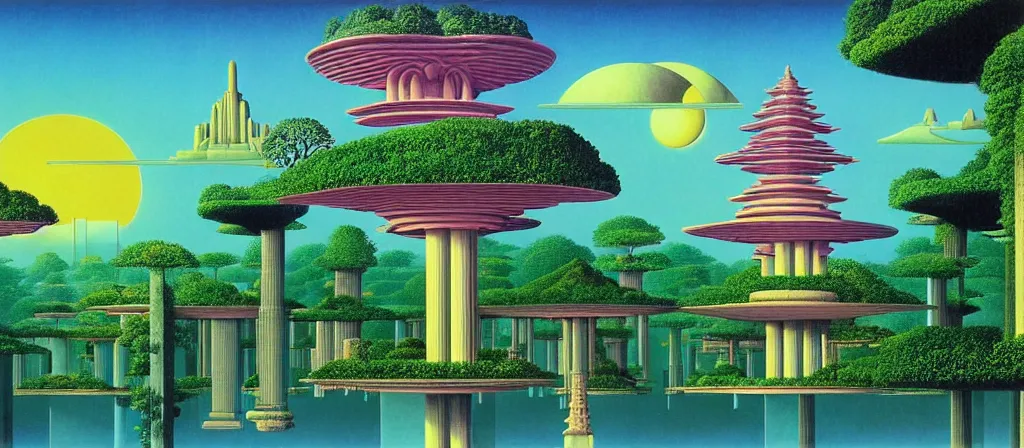 Image similar to huge gargantuan angular dimension of pagoda liminal spaces, temples by escher and ricardo bofill. utopian singaporean landscape by roger dean. magical realism, surrealism, lush sakura trees, waterfalls, thunder, lightning, vaporwave, trending on artstation, shot from below, epic scale