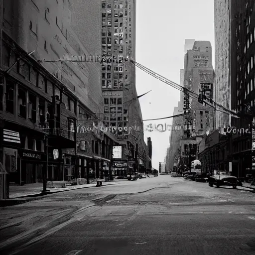 Image similar to color photograph, highly detailed abandoned New York city street at night after the war between humans and AIs, film grain, soft vignette, sigma 85mm f/1.4 1/10 sec shutter, film still promotional image, IMAX 70mm footage