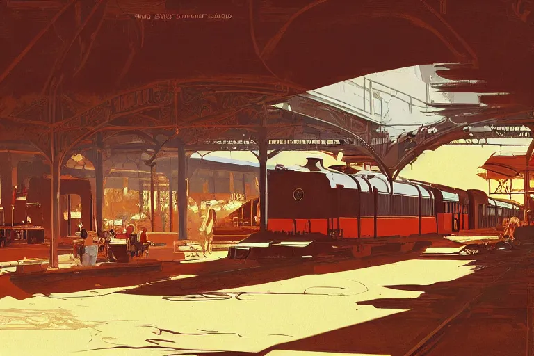 Image similar to idyllic old western train station illustration by syd mead artstation 4 k graphic novel concept art matte painting