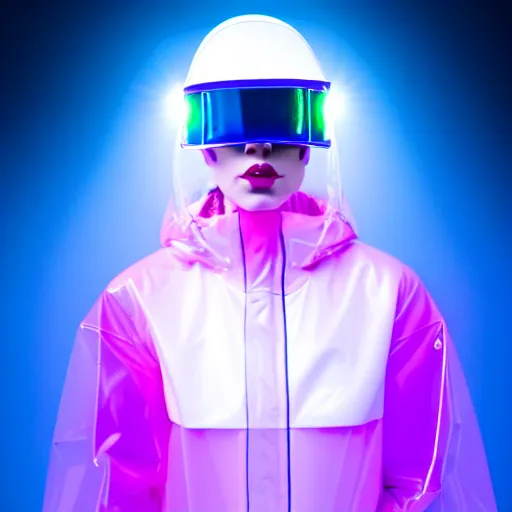 Image similar to an ultra high definition professional studio quality portrait photograph of an artificial celebrity cyberpunk pop star wearing a transparent iridescent perspex pastel coloured face visor and matching raincoat in an empty white room. dramatic lighting. volumetric shadows. light rays