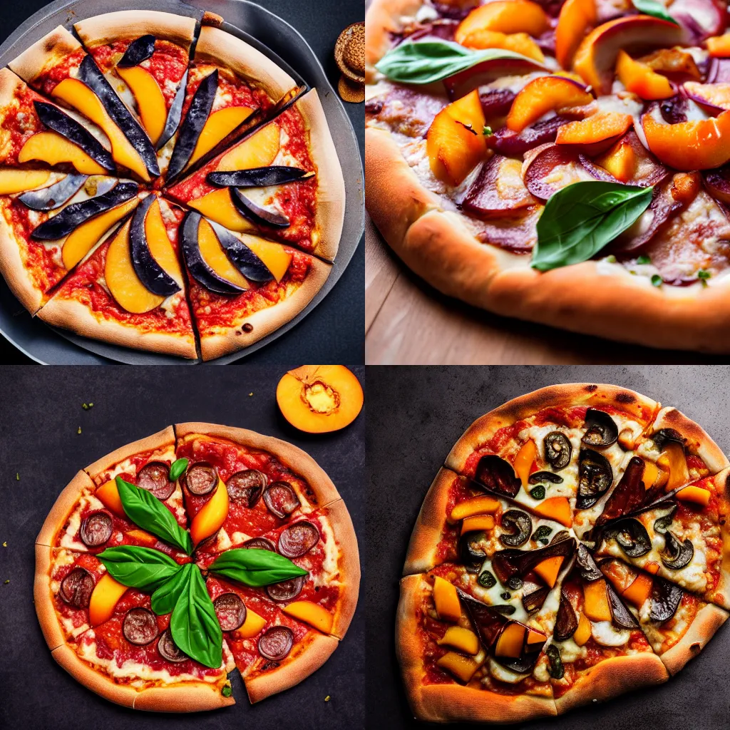 Prompt: Food photography of pizza with eggplant and peach, professional, 4K, studio lighting, very detailed