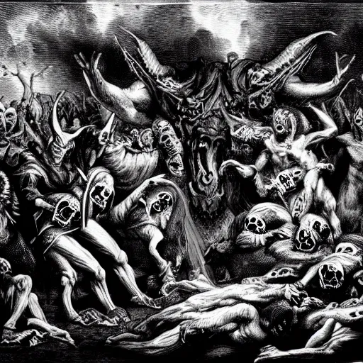 Image similar to an epic scene of blasphemy and abominations, black and white, demons, skulls, death, corpse, devils, unholy,